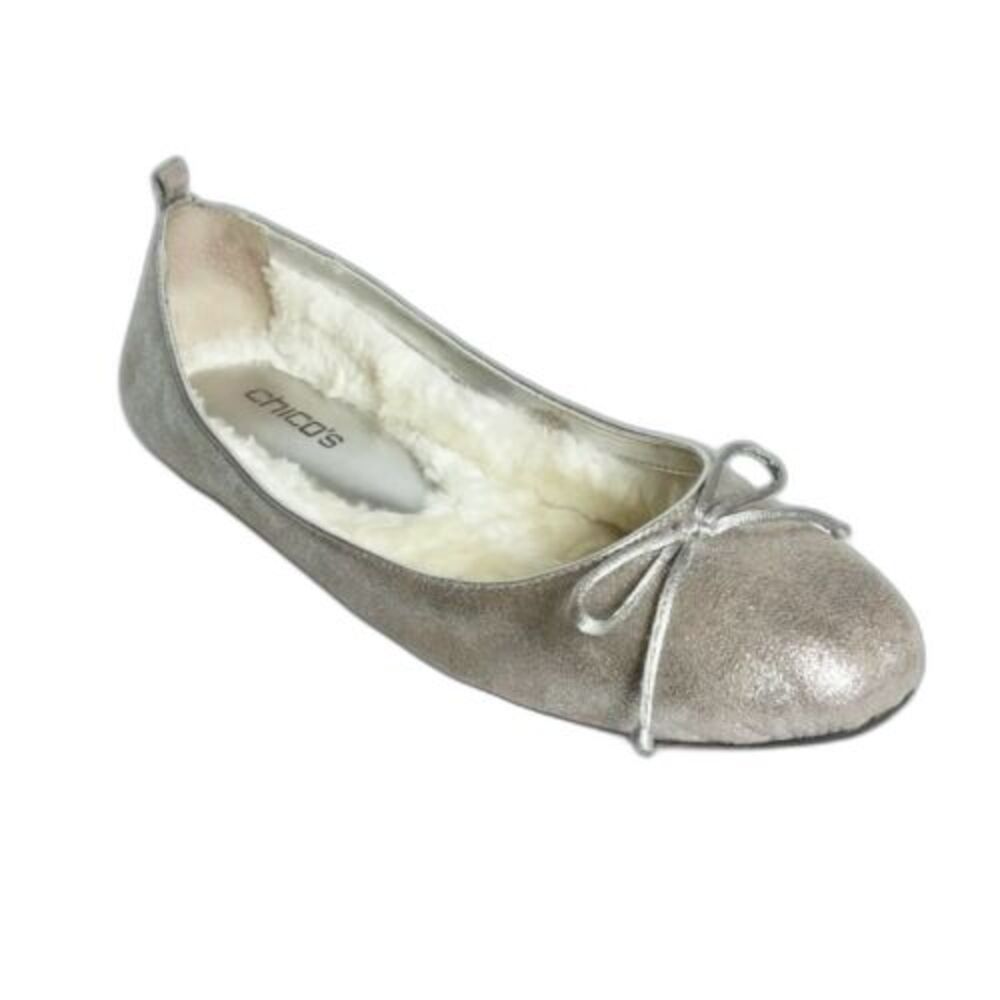 Chico's Glitter Faux Fur Lined Bow Front Flats Silver 9.5